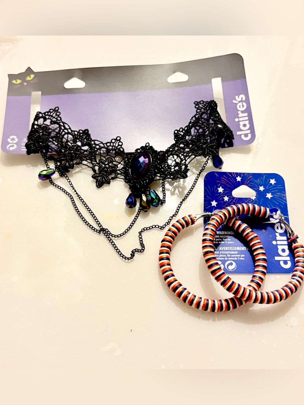 Claire's Black Lace Choker with Iridescent Bead Drops